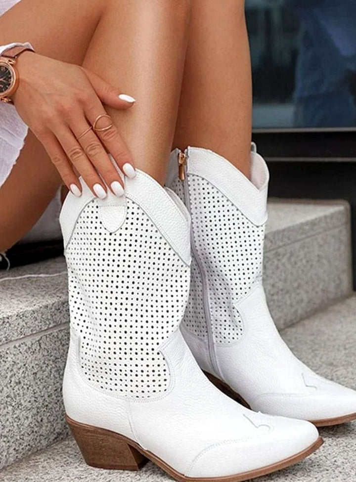 Women's Orthopedic Western Cowboy Perforated Suede Mid-Calf Boots