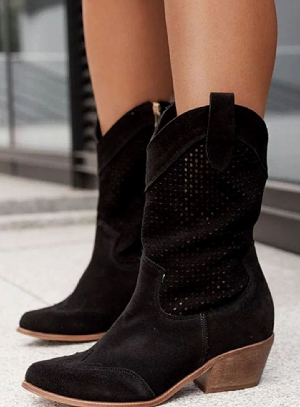 Women's Orthopedic Western Cowboy Perforated Suede Mid-Calf Boots - Black