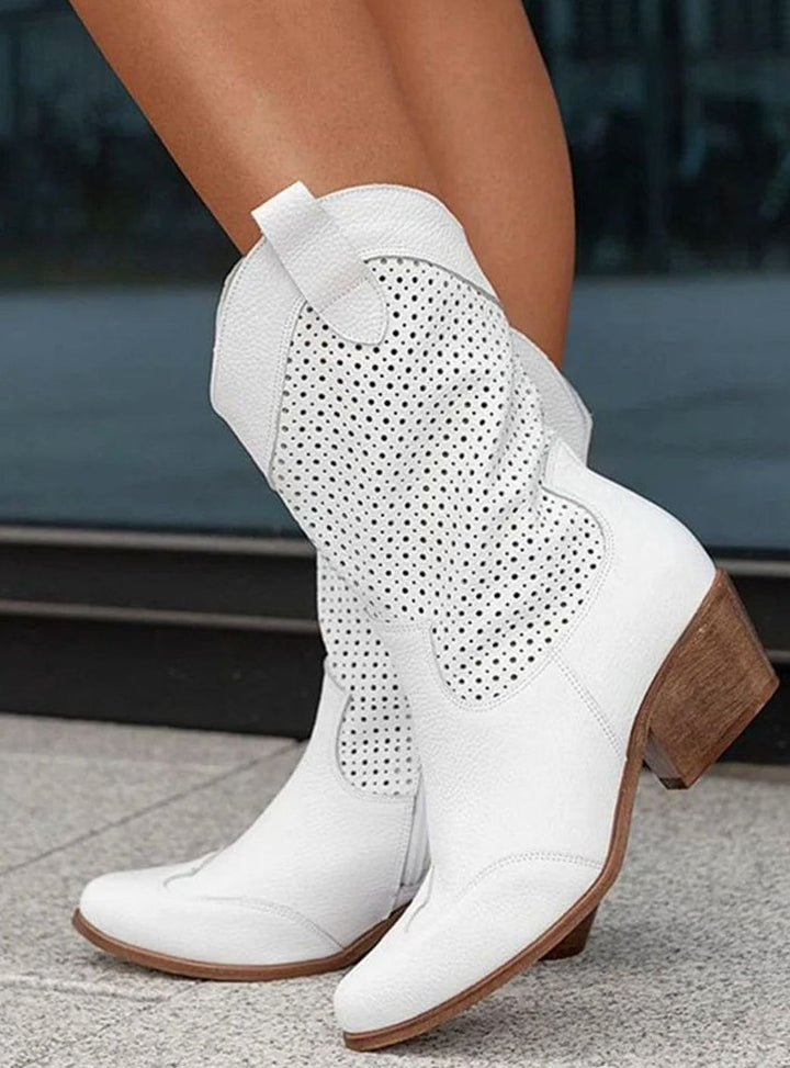 Women's Orthopedic Western Cowboy Perforated Suede Mid-Calf Boots