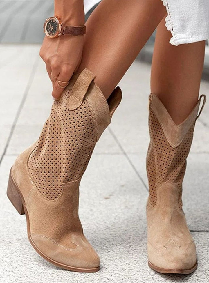 Women's Orthopedic Western Cowboy Perforated Suede Mid-Calf Boots