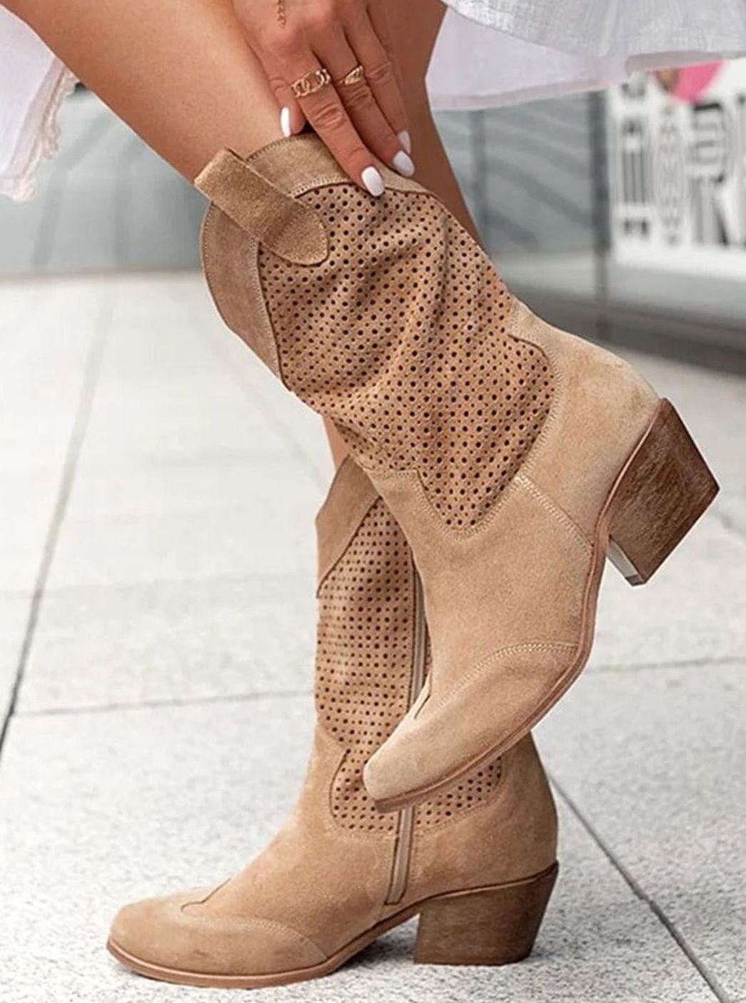 Women's Orthopedic Western Cowboy Perforated Suede Mid-Calf Boots - Brown