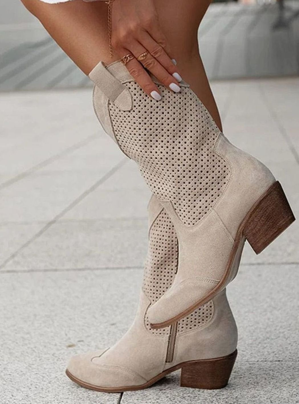 Women's Orthopedic Western Cowboy Perforated Suede Mid-Calf Boots