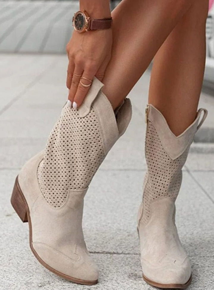 Women's Orthopedic Western Cowboy Perforated Suede Mid-Calf Boots