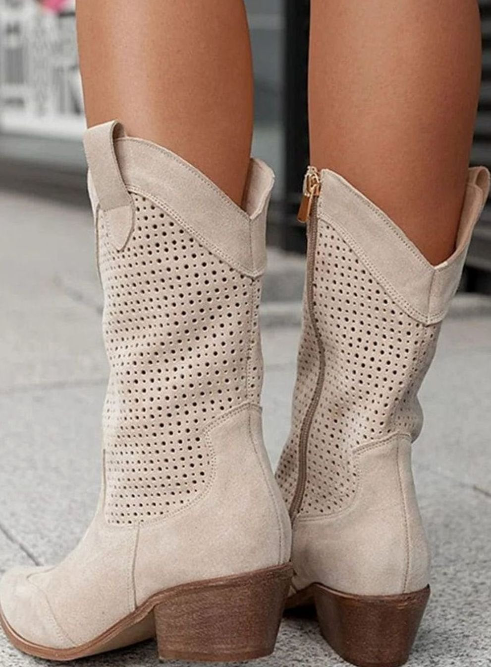 Women's Orthopedic Western Cowboy Perforated Suede Mid-Calf Boots