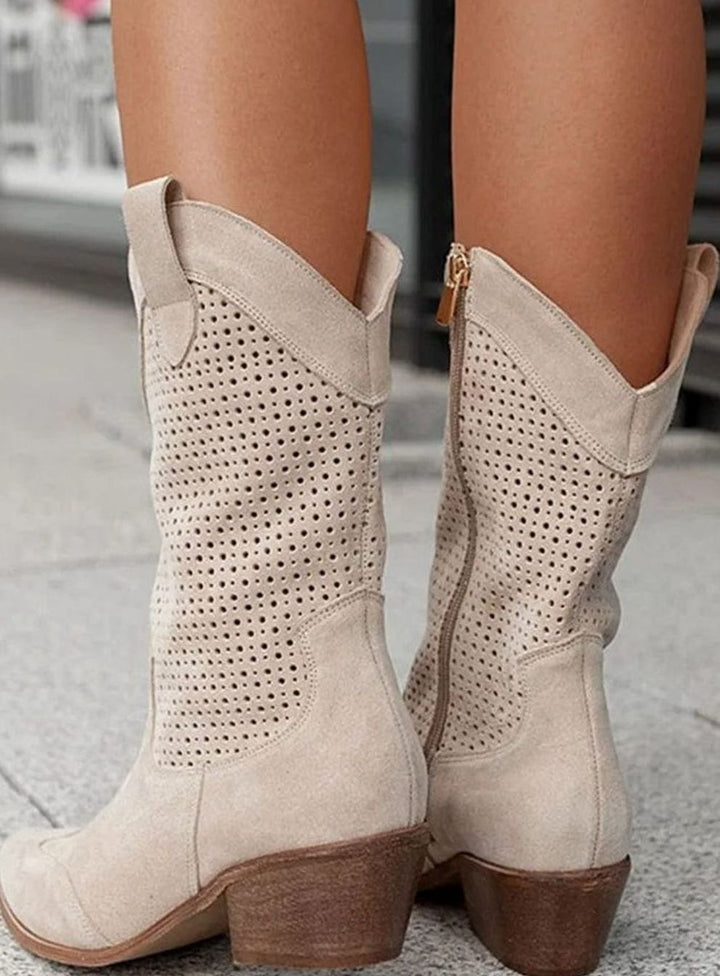 Women's Orthopedic Western Cowboy Perforated Suede Mid-Calf Boots