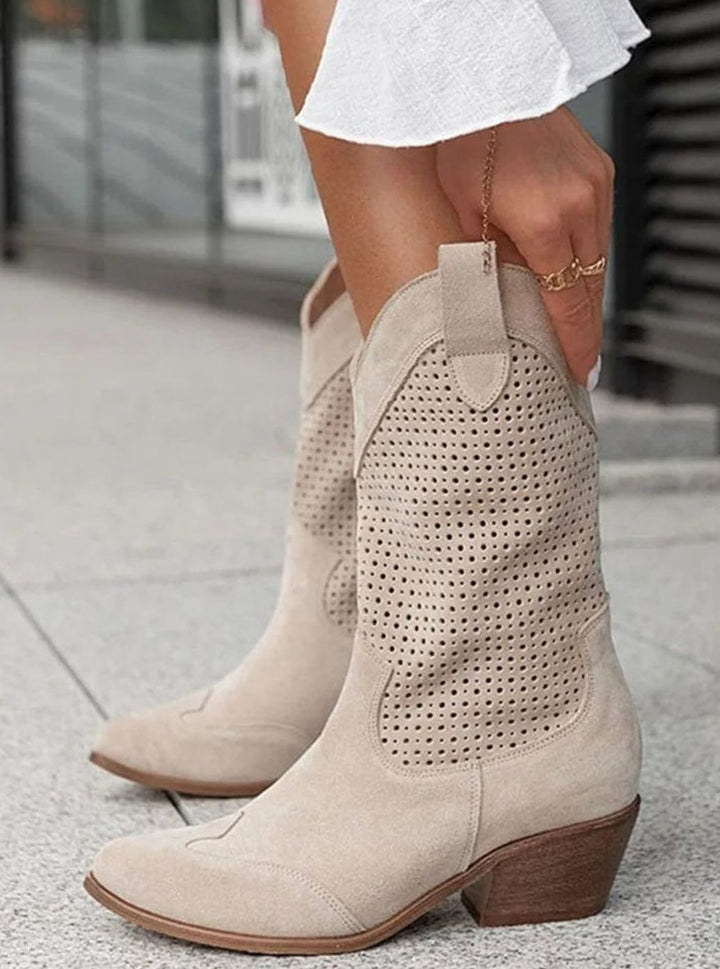 Women's Orthopedic Western Cowboy Perforated Suede Mid-Calf Boots