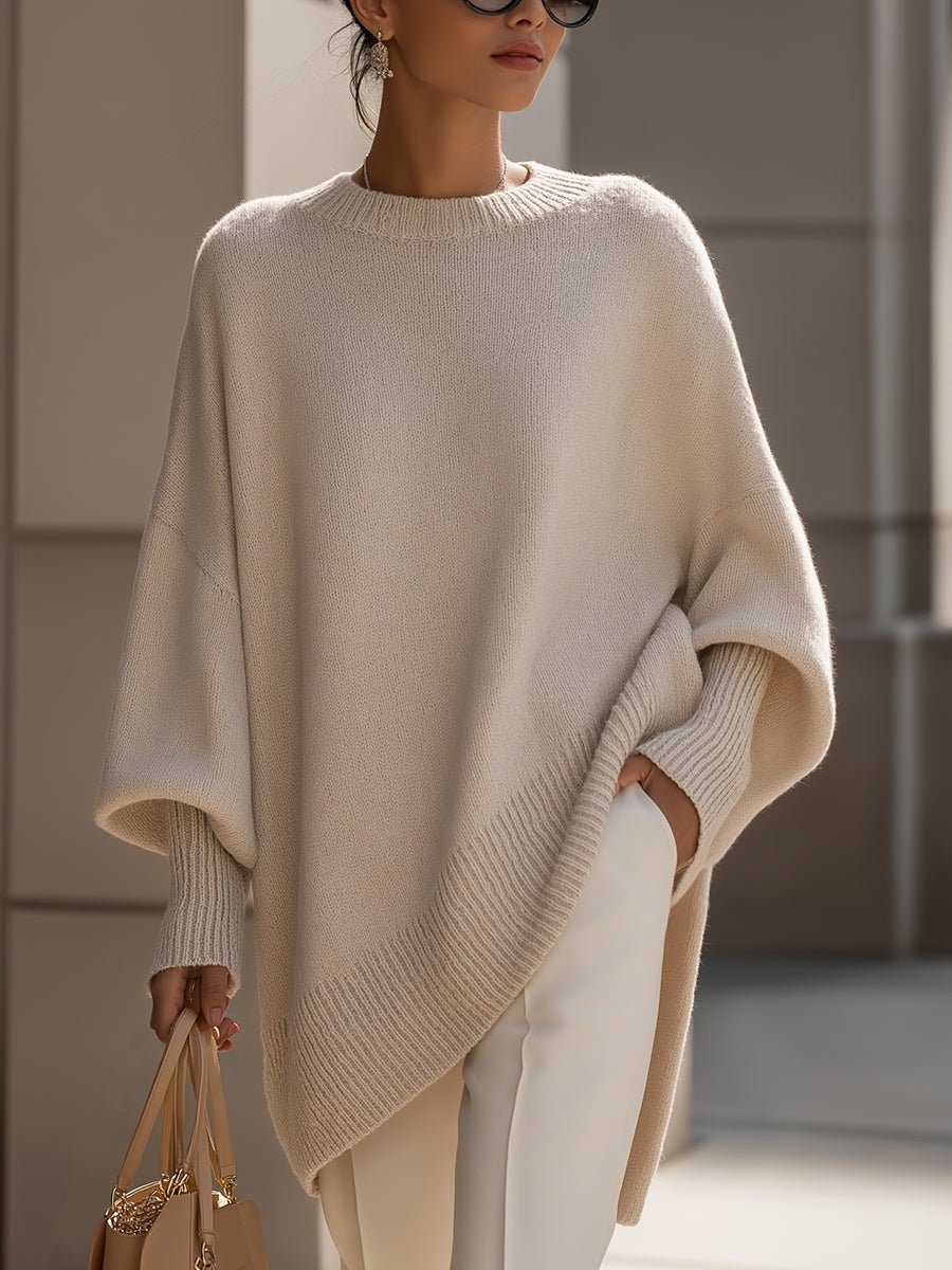Women's Oversized Batwing Knit Pullover Sweater - Beige