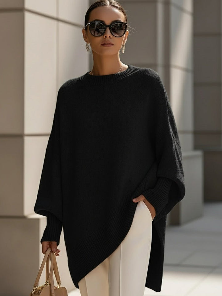 Women's Oversized Batwing Knit Pullover Sweater - Black