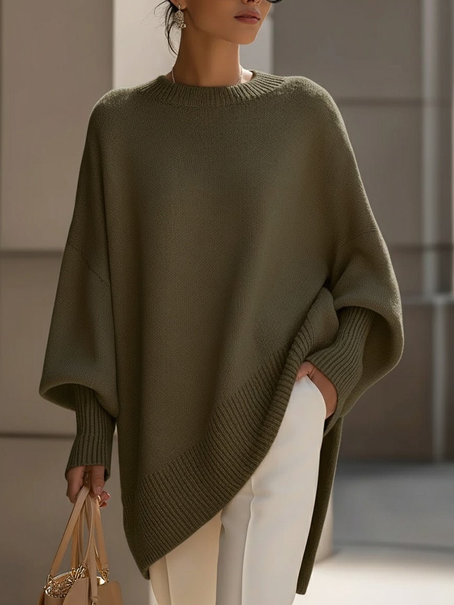Women's Oversized Batwing Knit Pullover Sweater - Olive Green