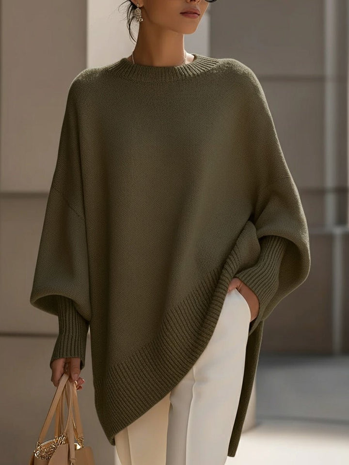 Women's Oversized Batwing Knit Pullover Sweater - Olive Green
