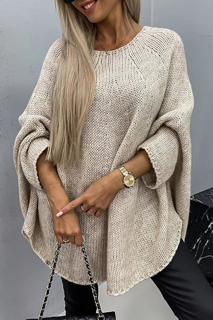Women's Oversized Batwing-Sleeve Crew Neck Knit Sweater - Beige