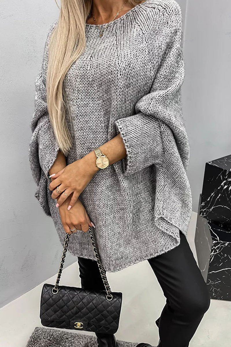 Women's Oversized Batwing-Sleeve Crew Neck Knit Sweater - Gray