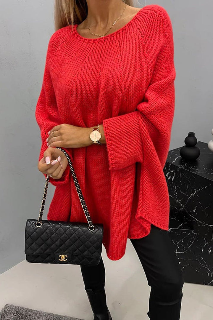 Women's Oversized Batwing-Sleeve Crew Neck Knit Sweater - Red