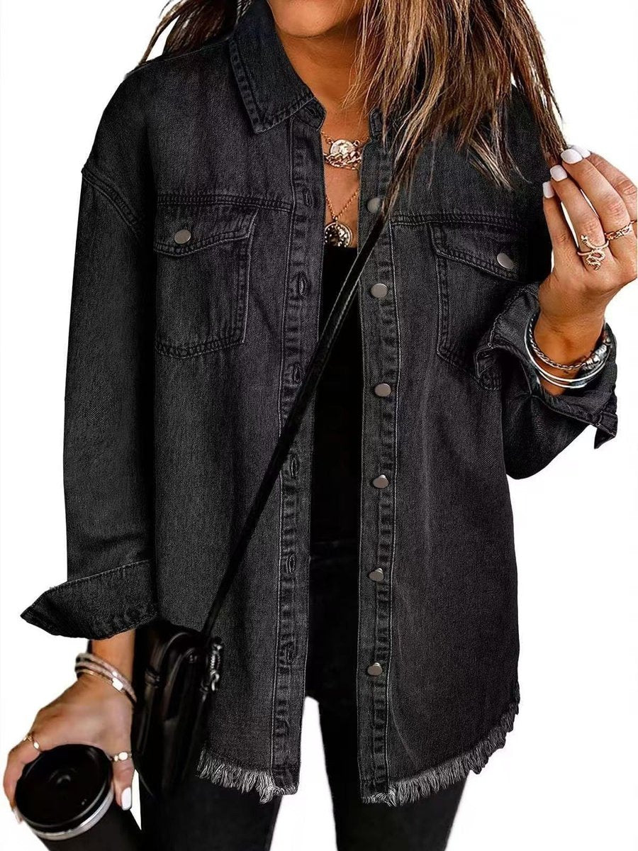 Women's Oversized Black Denim Jacket Raw Hem Snap Button - Black