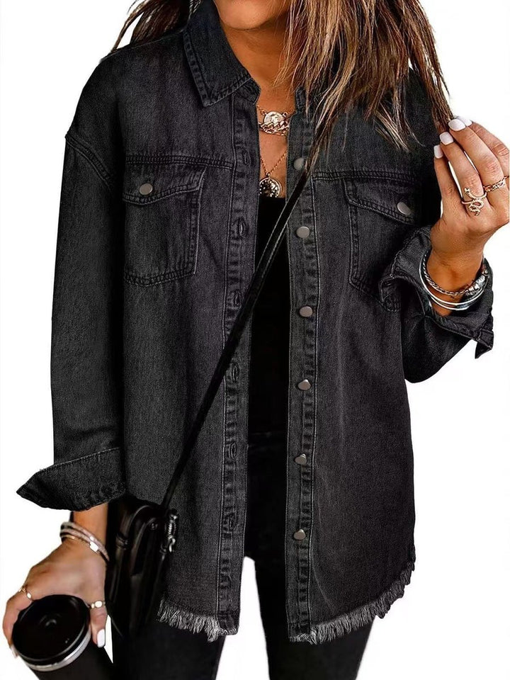 Women's Oversized Black Denim Jacket Raw Hem Snap Button - Black