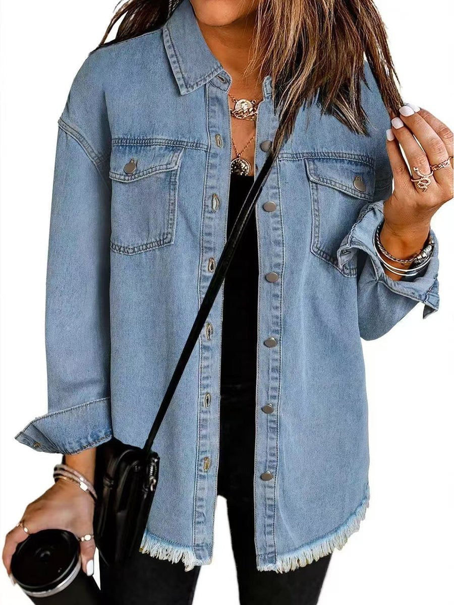 Women's Oversized Black Denim Jacket Raw Hem Snap Button - Light Blue