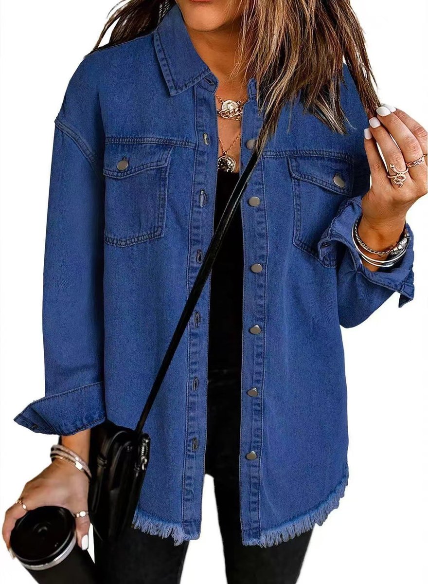 Women's Oversized Black Denim Jacket Raw Hem Snap Button - Dark Blue