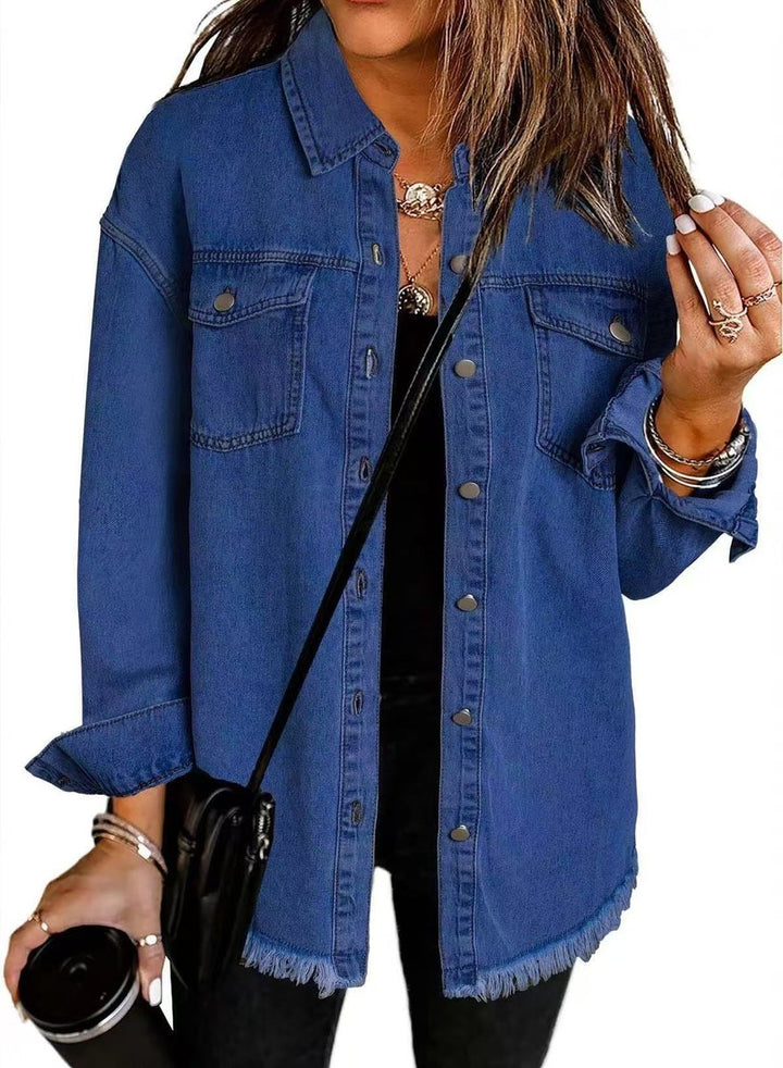 Women's Oversized Black Denim Jacket Raw Hem Snap Button - Dark Blue