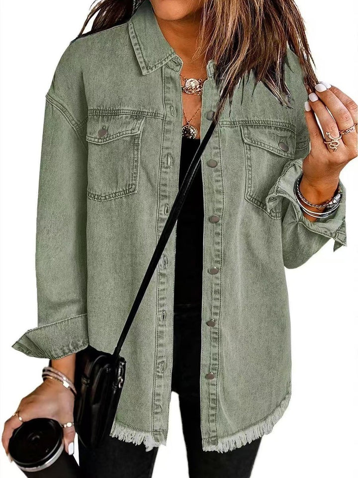 Women's Oversized Black Denim Jacket Raw Hem Snap Button - Olive Green