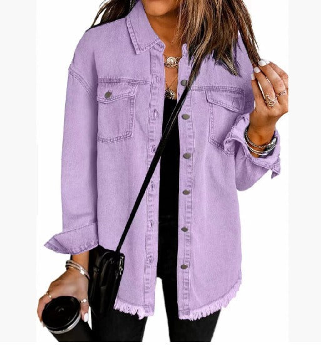 Women's Oversized Black Denim Jacket Raw Hem Snap Button