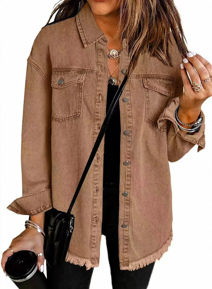 Women's Oversized Black Denim Jacket Raw Hem Snap Button - Brown