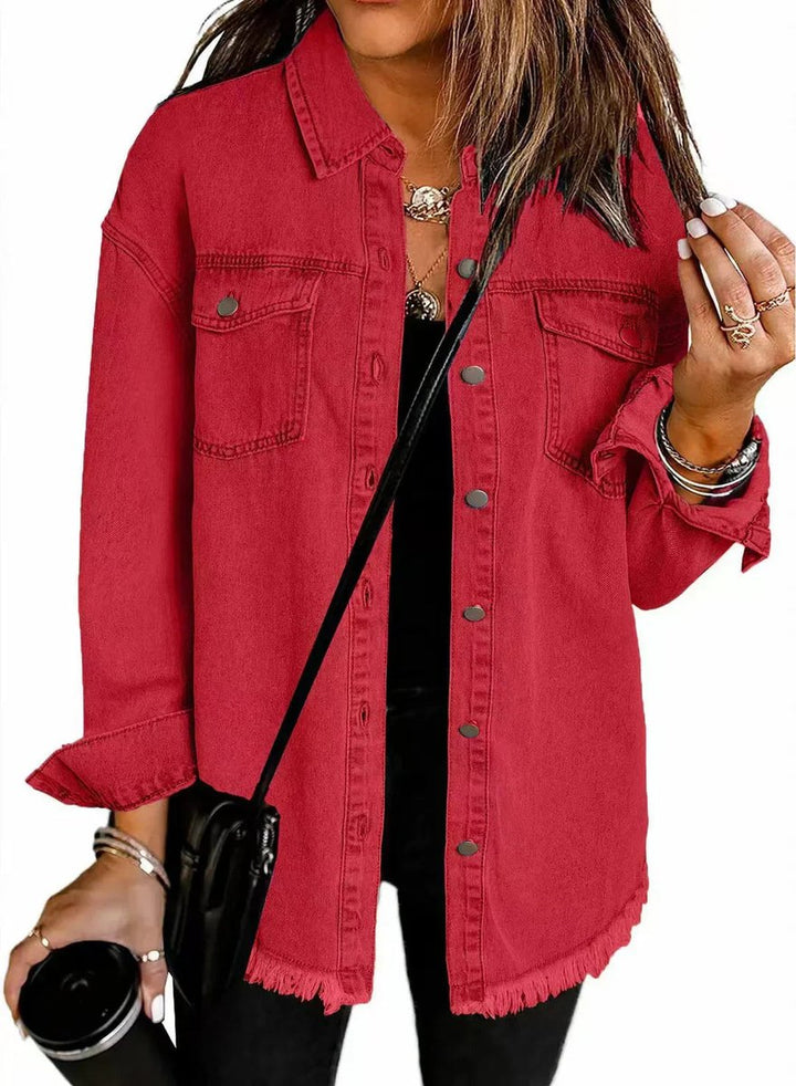 Women's Oversized Black Denim Jacket Raw Hem Snap Button - Red