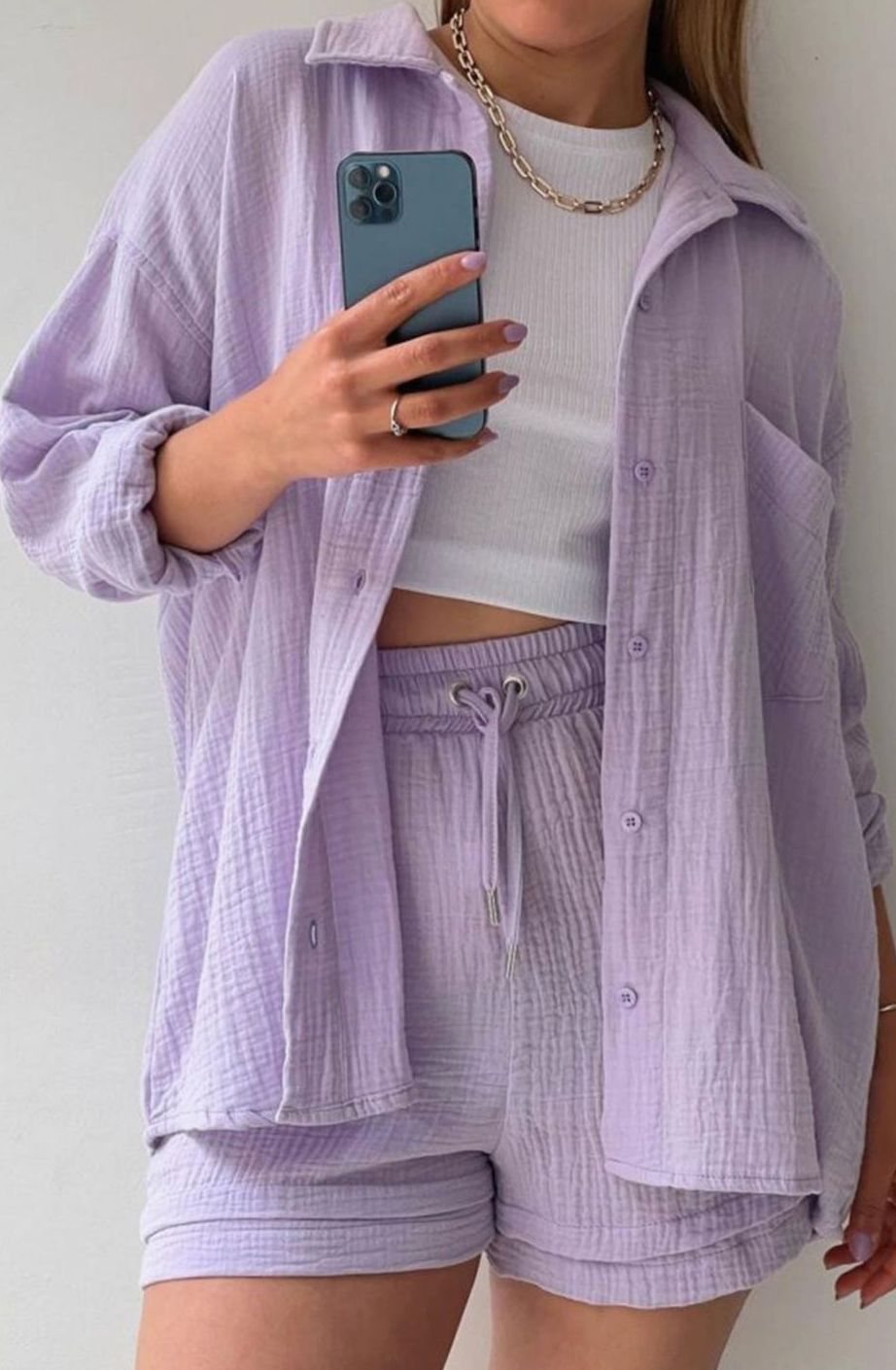 Women's Oversized Button-Down Shirt Shorts Two-Piece Set - Purple