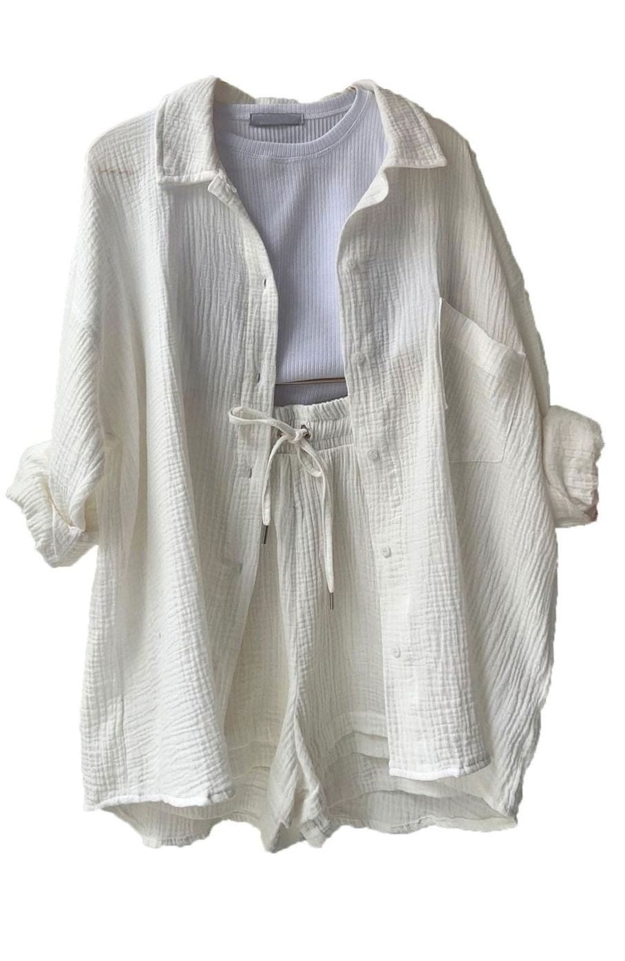 Women's Oversized Button-Down Shirt Shorts Two-Piece Set - White