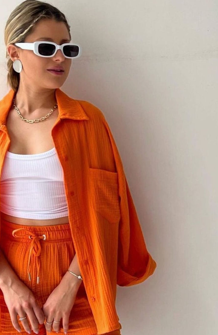 Women's Oversized Button-Down Shirt Shorts Two-Piece Set - Orange