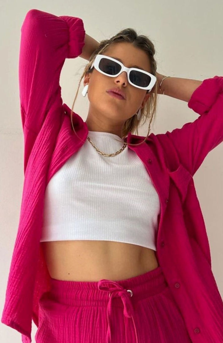 Women's Oversized Button-Down Shirt Shorts Two-Piece Set - Dark Pink