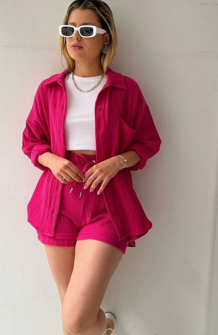 Women's Oversized Button-Down Shirt Shorts Two-Piece Set - Dark Pink