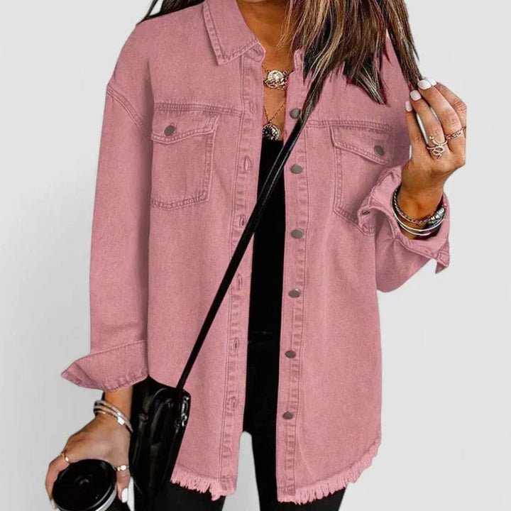 Women's Oversized Button-Up Frayed-Hem Denim Jacket - Baby Pink
