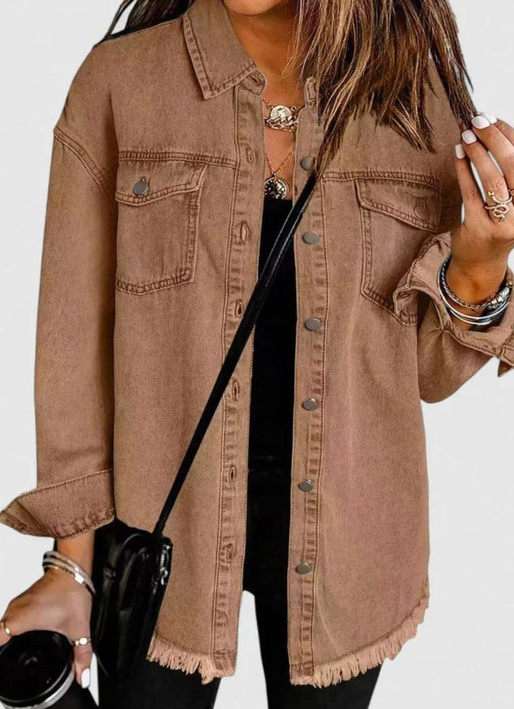 Women's Oversized Button-Up Frayed-Hem Denim Jacket - Brown