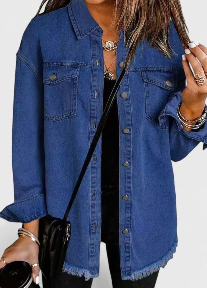 Women's Oversized Button-Up Frayed-Hem Denim Jacket - Dark Blue