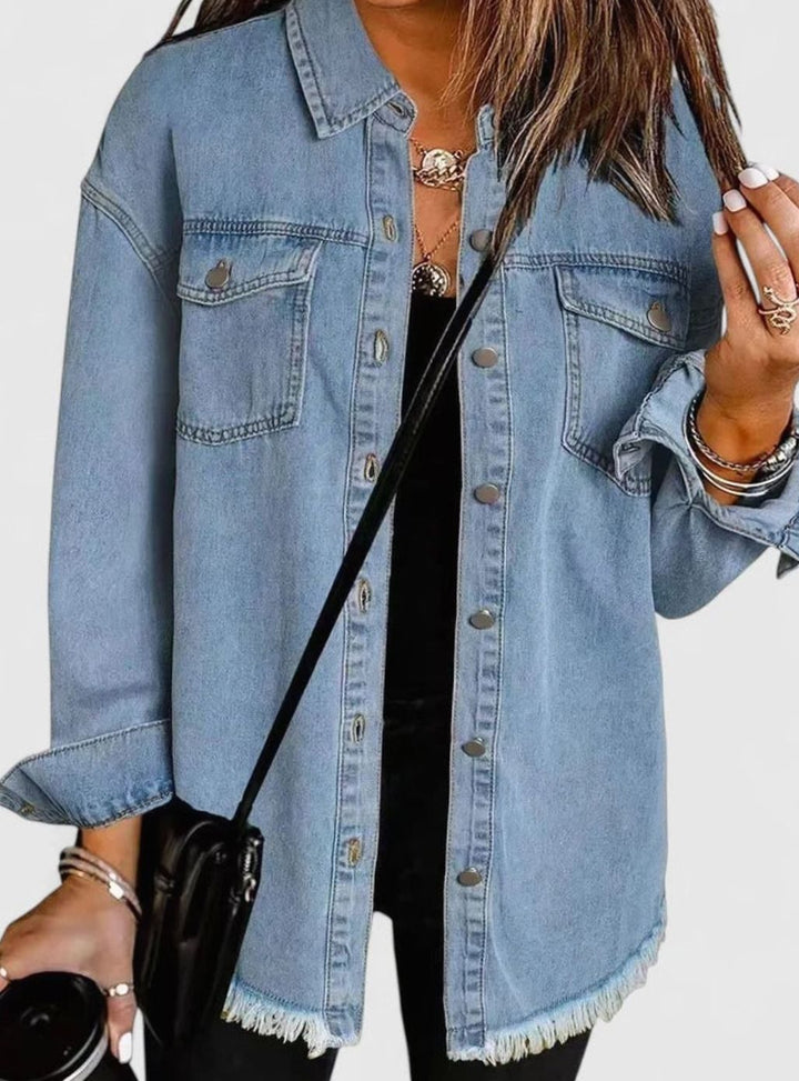 Women's Oversized Button-Up Frayed-Hem Denim Jacket - Light Blue
