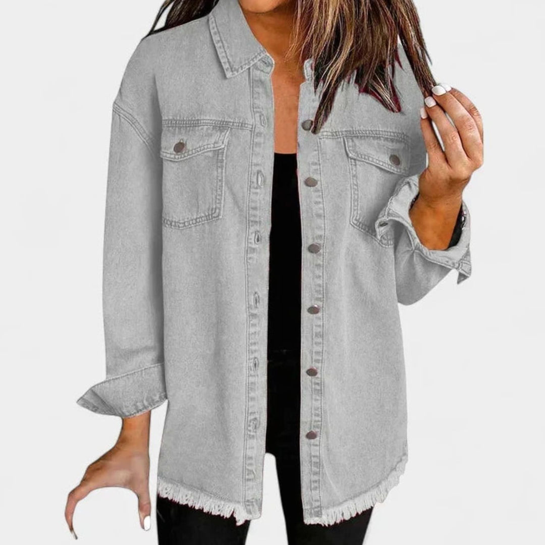 Women's Oversized Button-Up Frayed-Hem Denim Jacket - Gray
