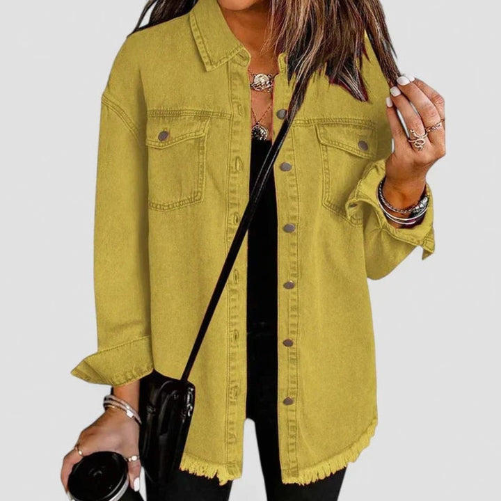 Women's Oversized Button-Up Frayed-Hem Denim Jacket - Yellow