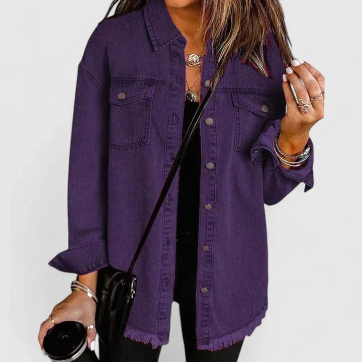 Women's Oversized Button-Up Frayed-Hem Denim Jacket - Purple