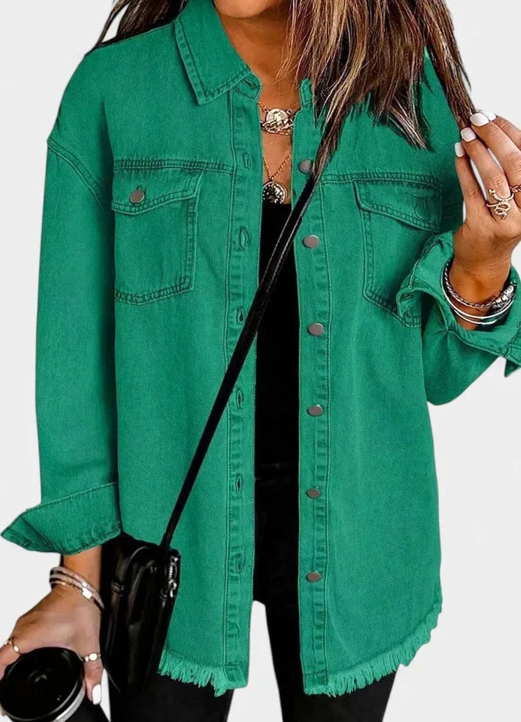 Women's Oversized Button-Up Frayed-Hem Denim Jacket - Green