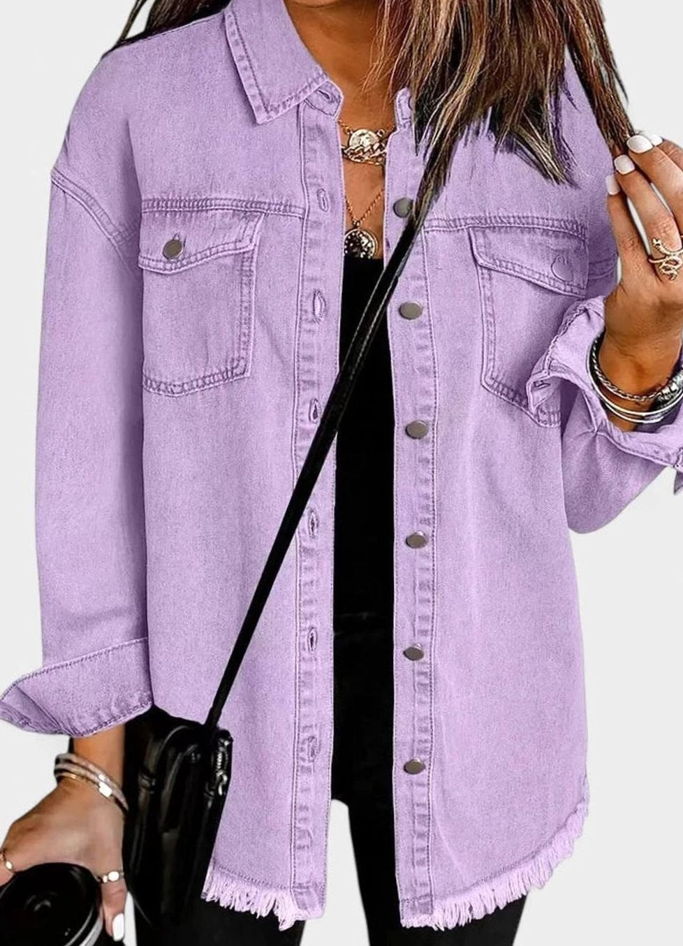 Women's Oversized Button-Up Frayed-Hem Denim Jacket - Lilac