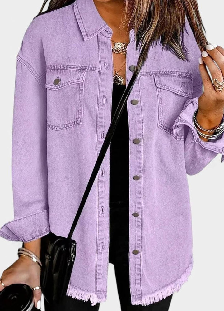 Women's Oversized Button-Up Frayed-Hem Denim Jacket - Lilac