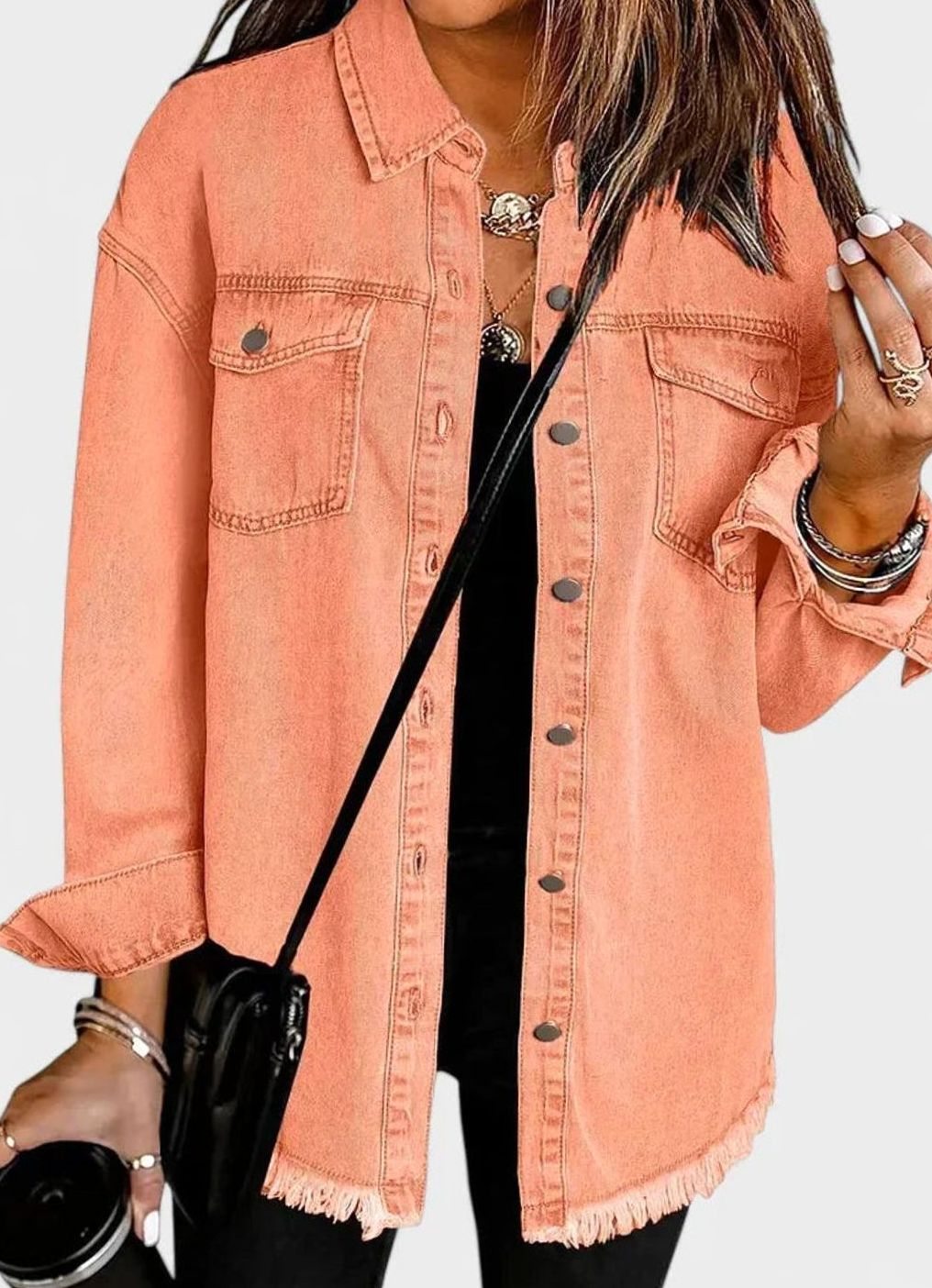 Women's Oversized Button-Up Frayed-Hem Denim Jacket - Peach