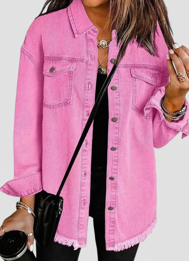Women's Oversized Button-Up Frayed-Hem Denim Jacket - Pink