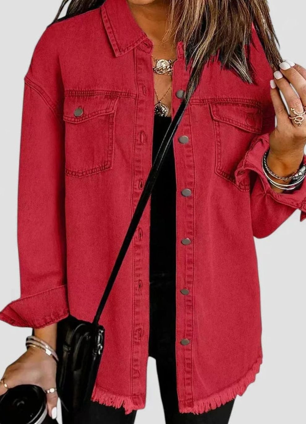 Women's Oversized Button-Up Frayed-Hem Denim Jacket - Red
