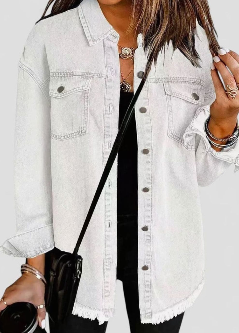 Women's Oversized Button-Up Frayed-Hem Denim Jacket - White