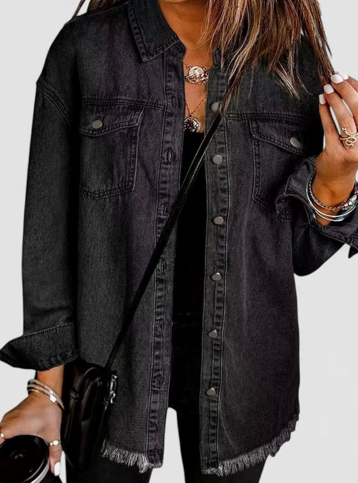 Women's Oversized Button-Up Frayed-Hem Denim Jacket - Black