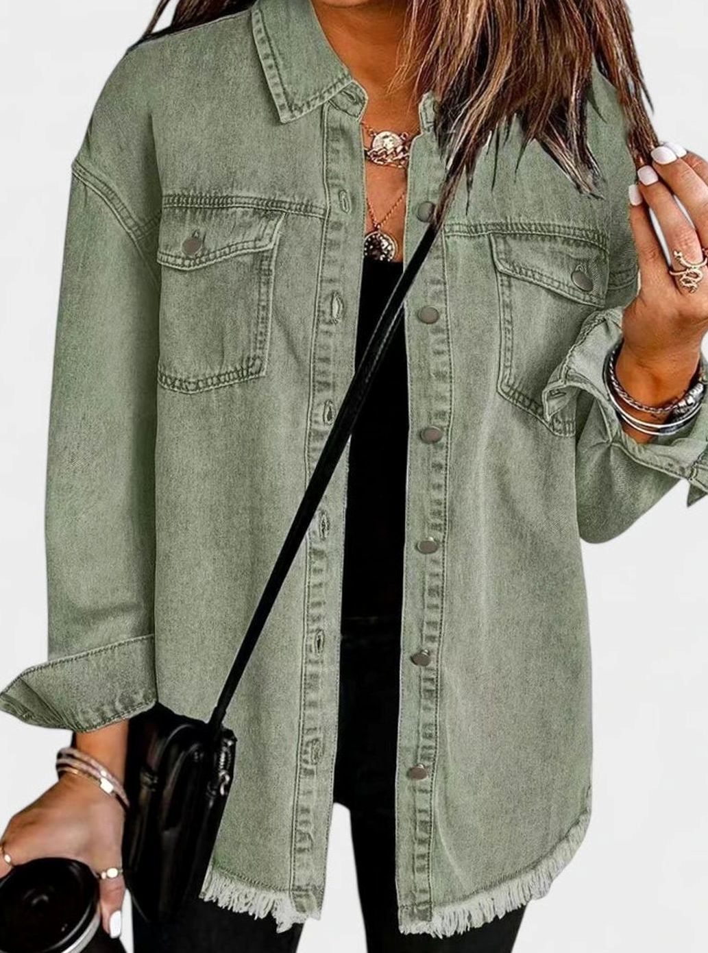 Women's Oversized Button-Up Frayed-Hem Denim Jacket - Olive Green