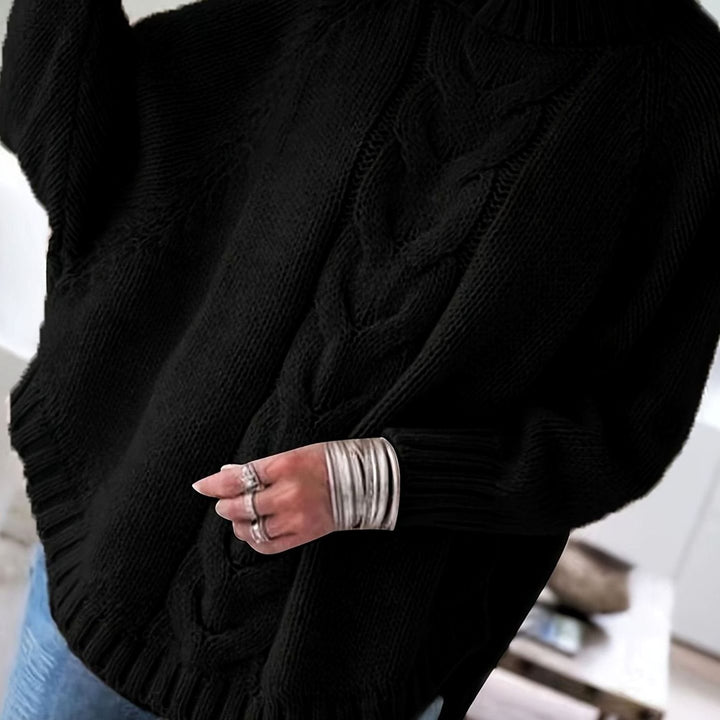 Women's Oversized Cable Knit High-Neck Pullover Sweater - Black