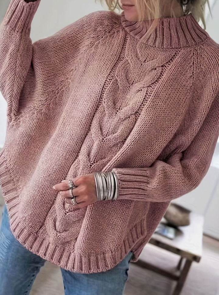 Women's Oversized Cable Knit High-Neck Pullover Sweater