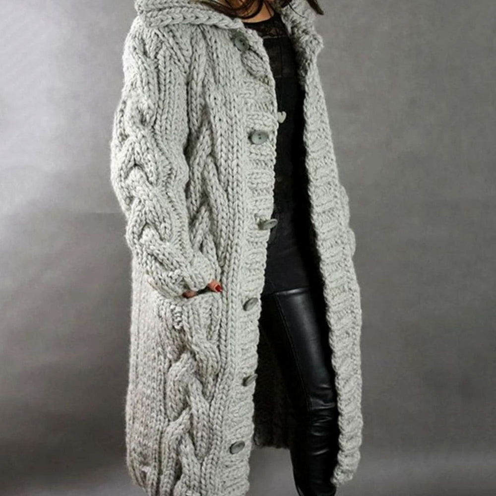 Women's Oversized Cable Knit Hooded Button Cardigan - Silver Gray
